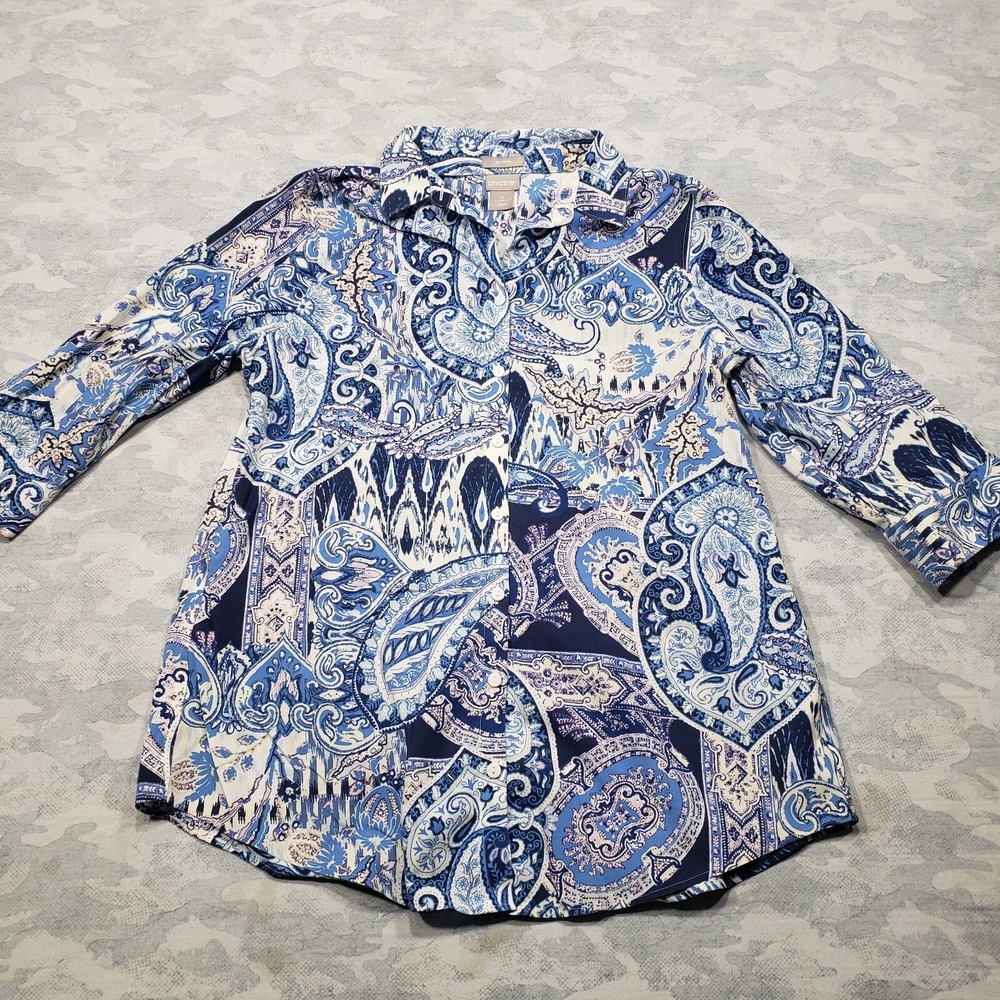 Chicos Top Womens 0 US 4/6 Blue Paisley Print Button Up Half Sleeve